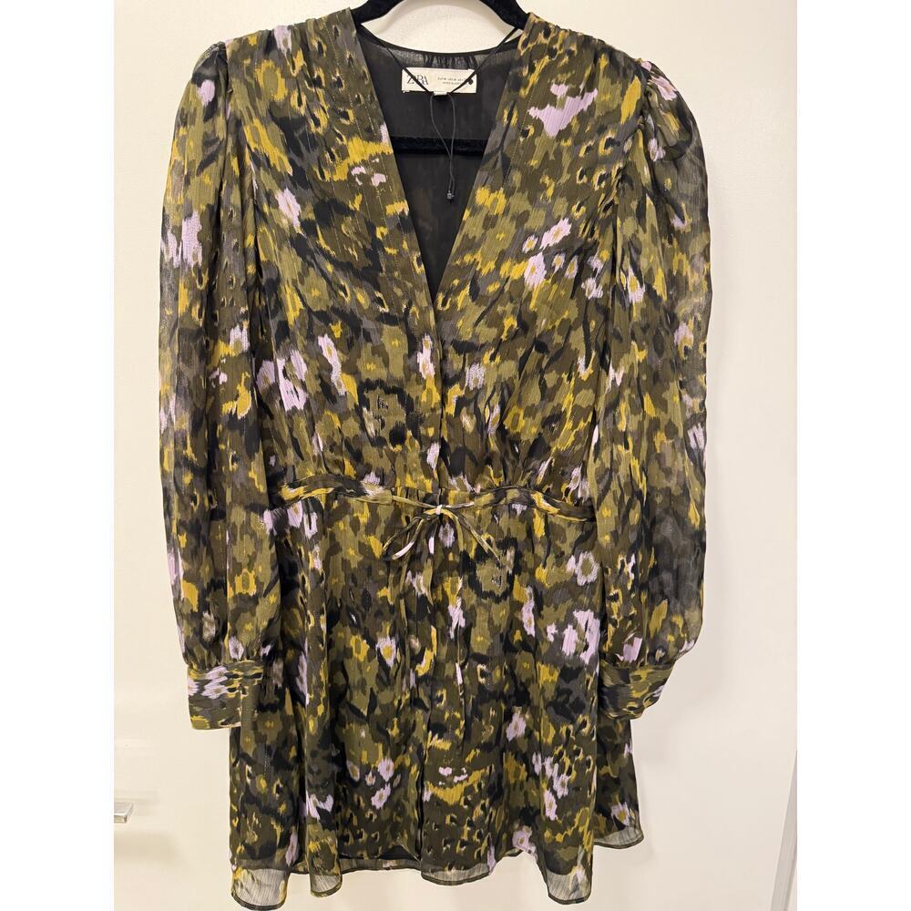 Zara Mini Dress Women's Medium Green Floral Print Lined Tie Waist Minimalist